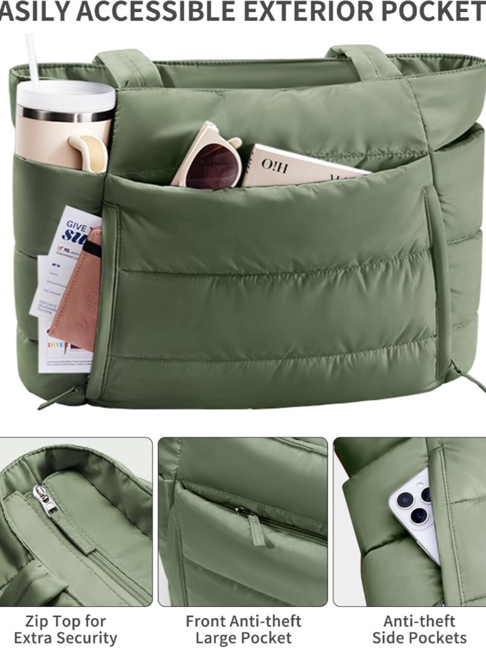 Puffer Tote Bag for Women, Lightweight Puffy Work Handbag Teacher Nurse Quilted - Picture 5 of 9